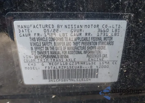 2022 Nissan Kicks S Xtronic Cvt из США, поврежденный, VIN 3N1CP5BV9NL518104